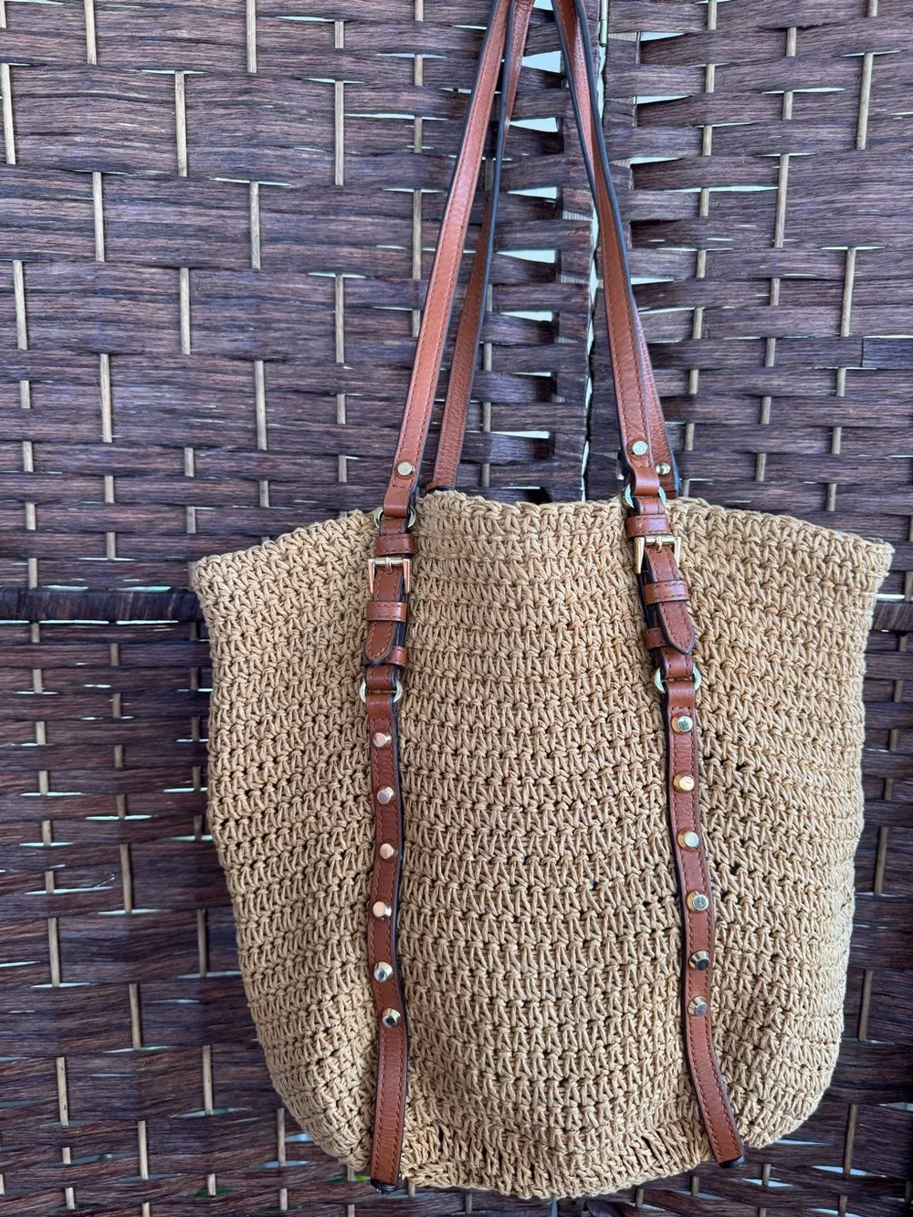 MICHAEL MICHAEL KORS Large Studded Straw Shopper Tote Bag